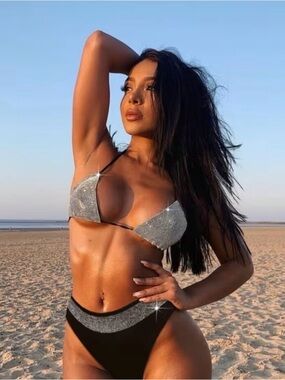 Silver Sequin Triangle Bikini Top with Black High-Waist Bottom - Women Swim